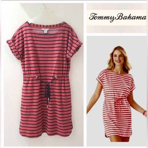 Tommy Bahama Dresses & Skirts - TOMMY BAHAMA Sombra Stripe Drawcord Waist Veranda Dress Red & Black XS-S